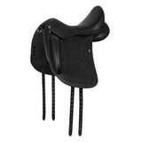 Black leather equestrian saddle on a white background
