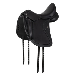 Black leather equestrian saddle on a white background
