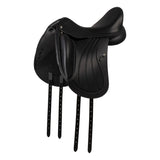 Black leather equestrian saddle on a white background