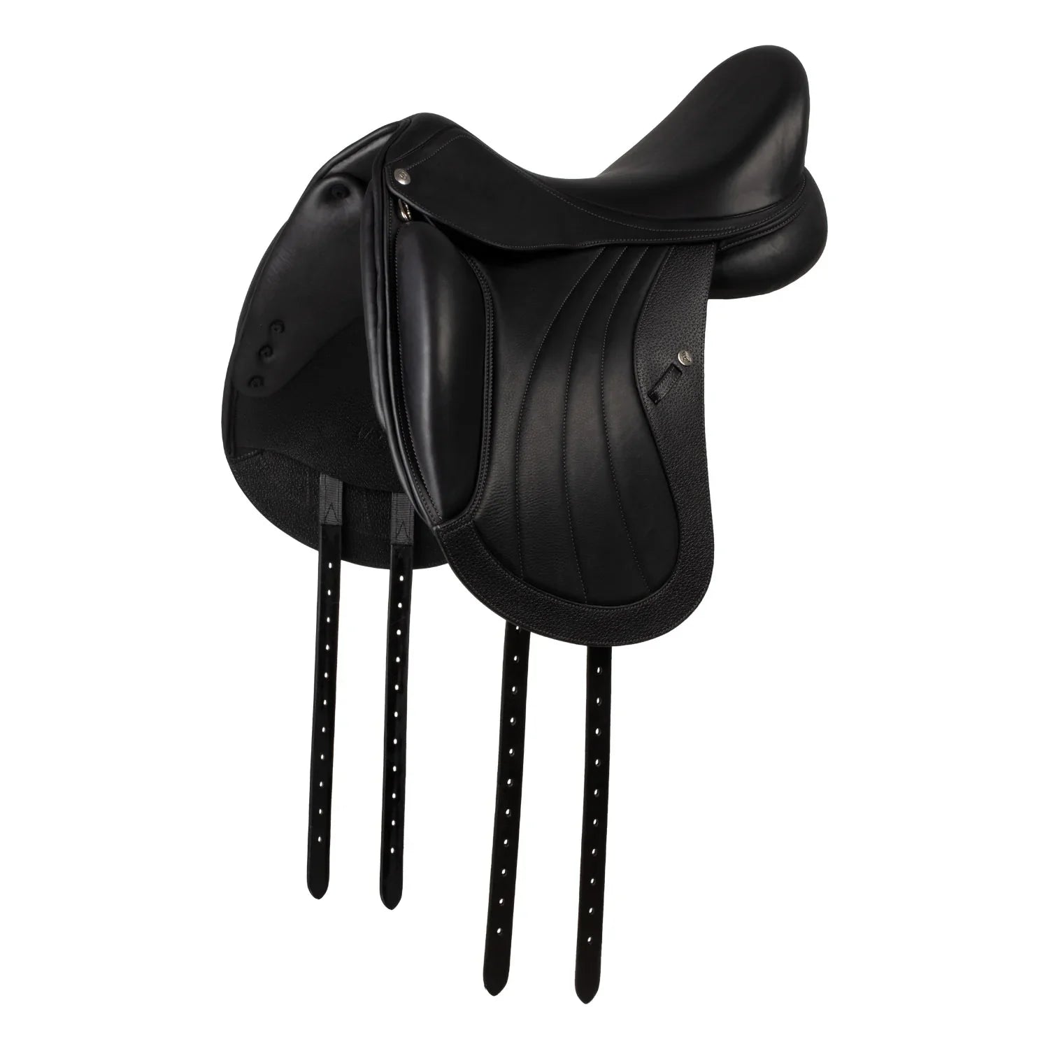 Black leather equestrian saddle on a white background