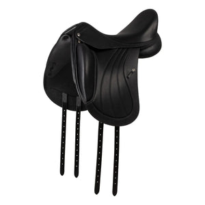Black leather equestrian saddle on a white background