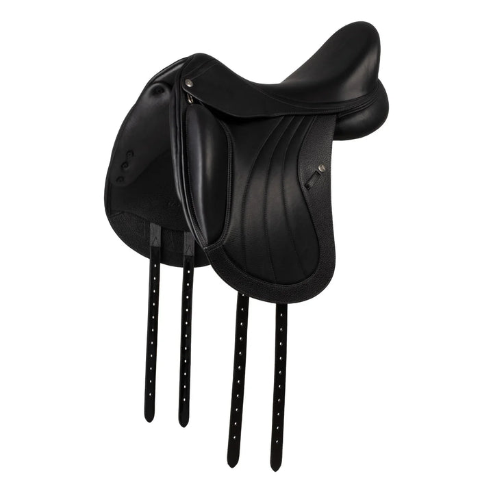 Black leather equestrian saddle on a white background