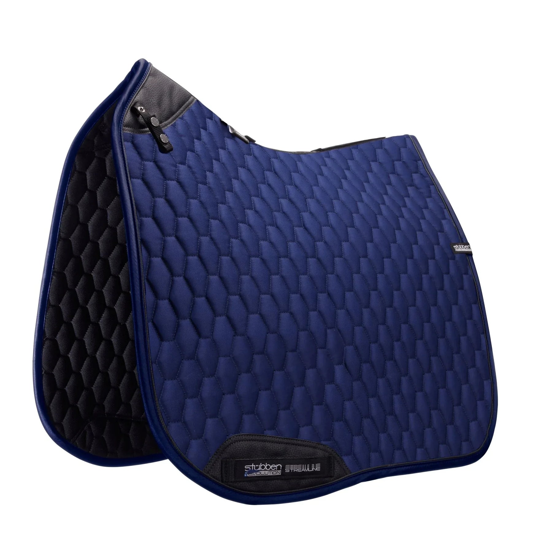 Blue quilted saddle pad with black accents on a white background