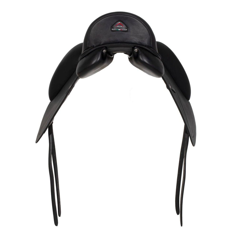 Black equestrian saddle on a white background