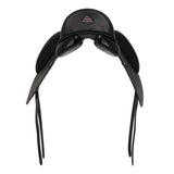 Black equestrian saddle on a white background