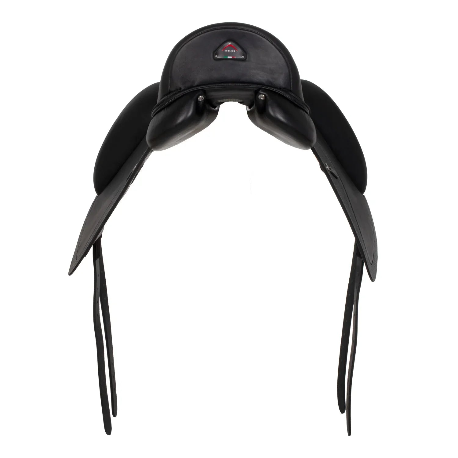 Black equestrian saddle on a white background