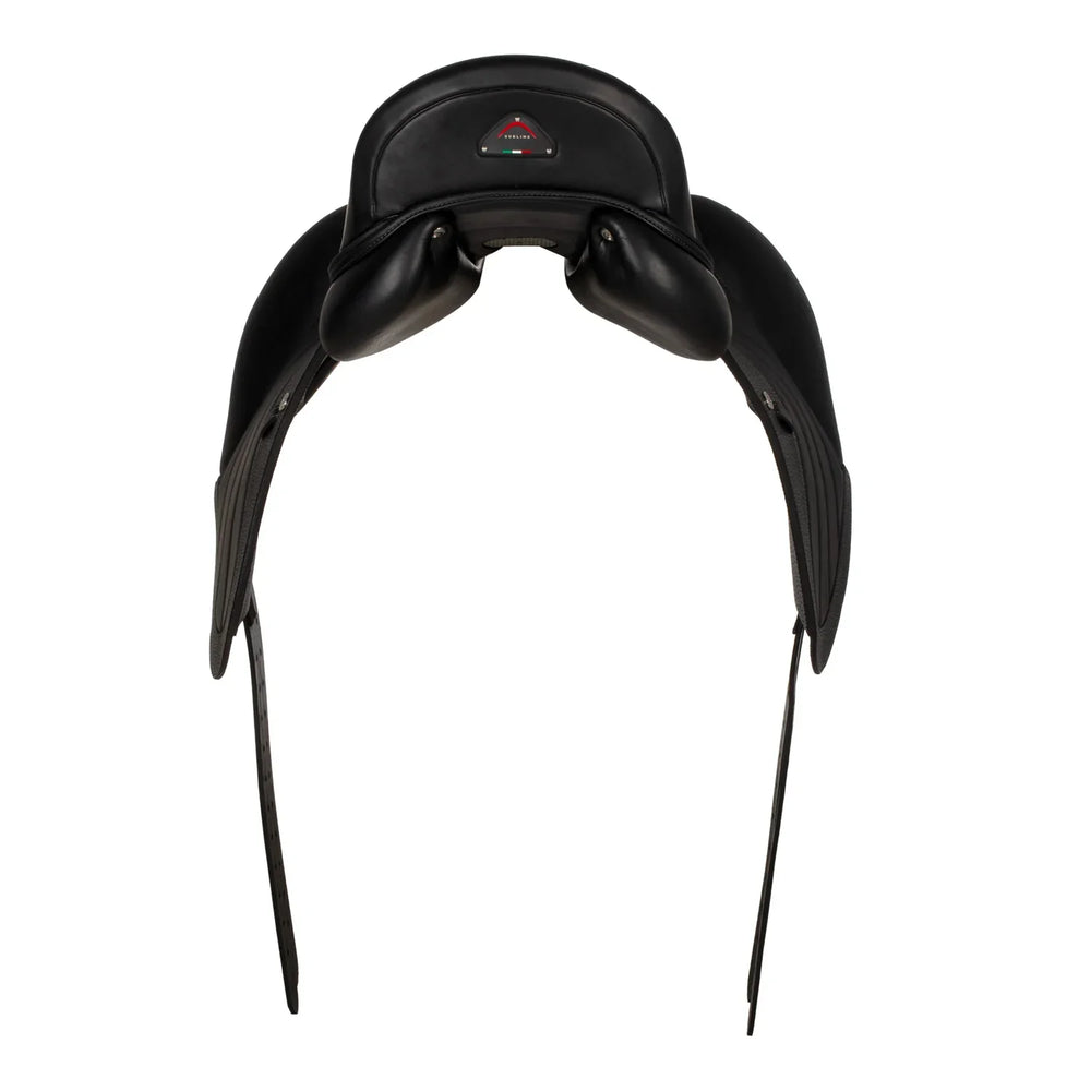 Black equestrian saddle on a white background