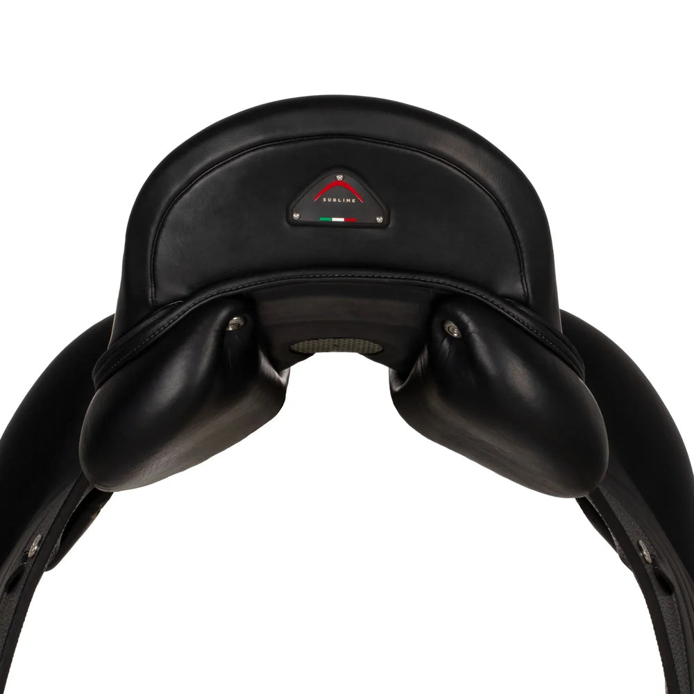 Black leather equestrian saddle on a white background