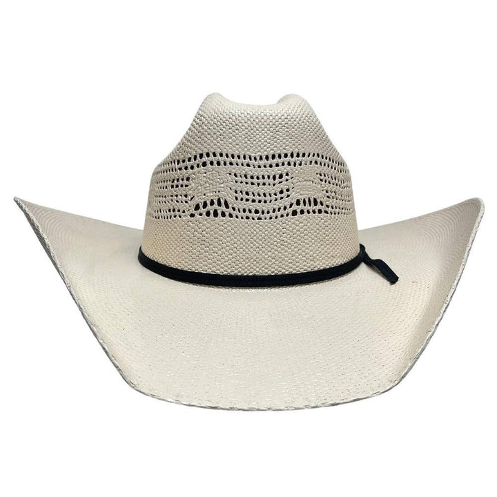 A beige men's straw cowboy hat with a black band and a small bow detail, displayed against a white background.