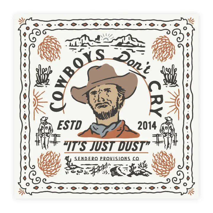 Logo with a cowboy illustration and text on a decorative border