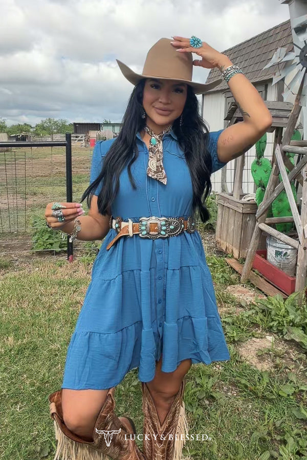Lucky & blessed Denim Blue Puff Sleeve Western Ruffle Tier Contrast Piping Yoke Dress