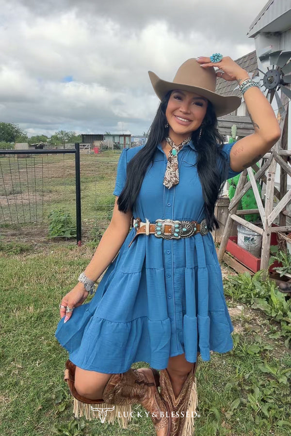 Lucky & blessed Denim Blue Puff Sleeve Western Ruffle Tier Contrast Piping Yoke Dress