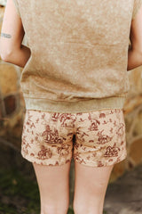 Lucky & blessed Beige Western Printed Mid Rise Stretch Denim Shorts (5in Inseam)