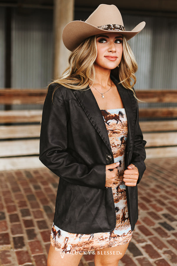 Lucky & blessed Black Textured Leather Hand-stitch Western Yoke Blazer