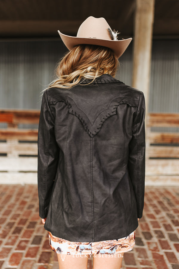 Lucky & blessed Black Textured Leather Hand-stitch Western Yoke Blazer