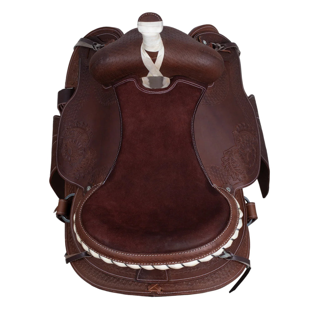 Lakota western saddle round skirt engraved and with silver wire