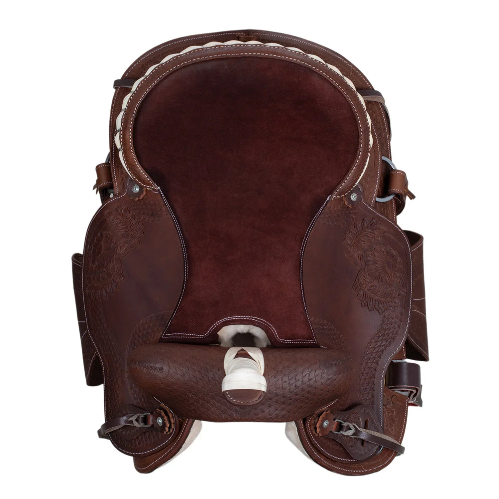 Lakota western saddle round skirt engraved and with silver wire