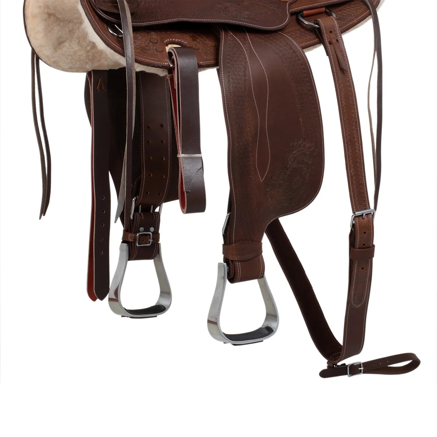 Lakota western saddle round skirt engraved and with silver wire