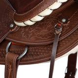 Lakota western saddle round skirt engraved and with silver wire