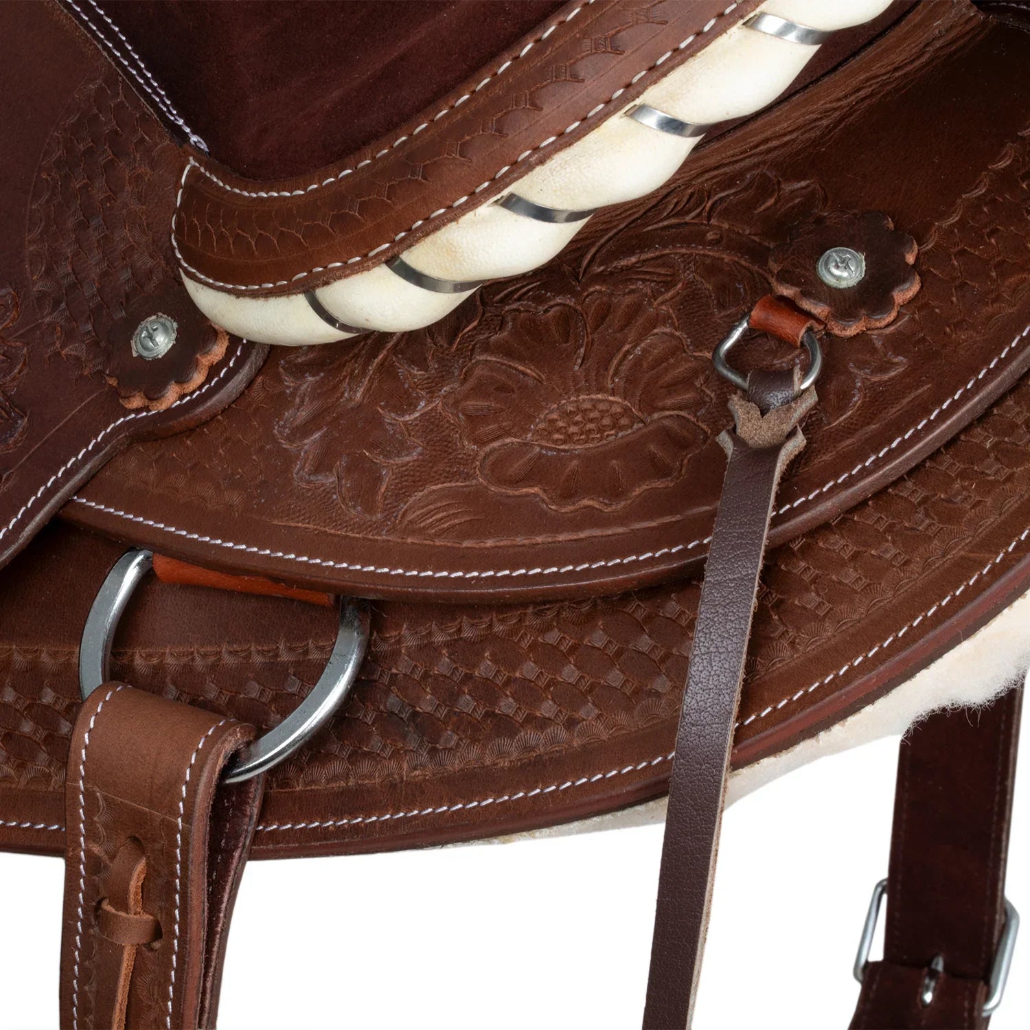 Lakota western saddle round skirt engraved and with silver wire