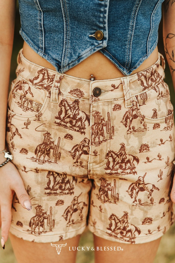Lucky & blessed Beige Western Printed Mid Rise Stretch Denim Shorts (5in Inseam)