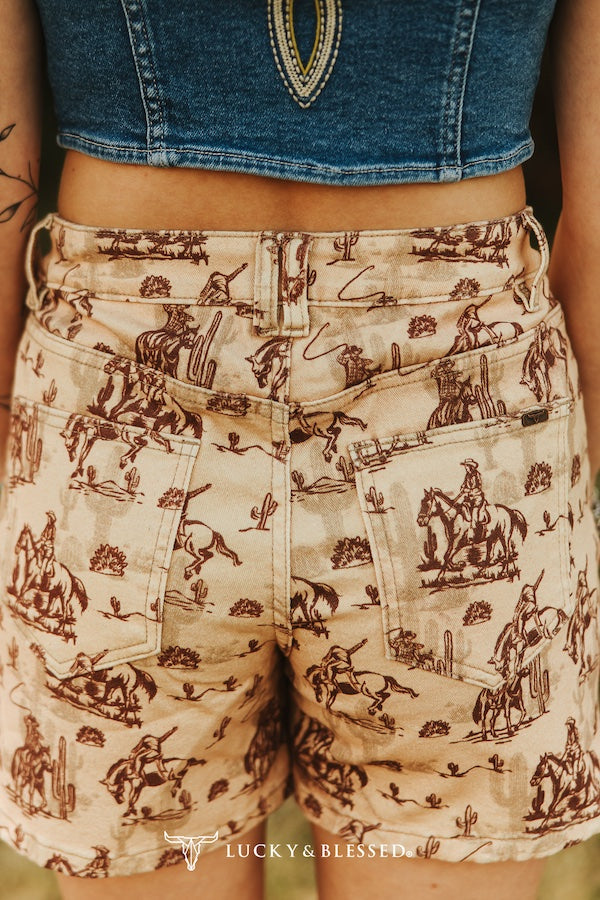 Lucky & blessed Beige Western Printed Mid Rise Stretch Denim Shorts (5in Inseam)