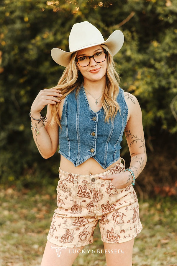Lucky & blessed Beige Western Printed Mid Rise Stretch Denim Shorts (5in Inseam)
