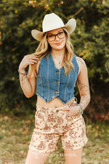 Lucky & blessed Beige Western Printed Mid Rise Stretch Denim Shorts (5in Inseam)