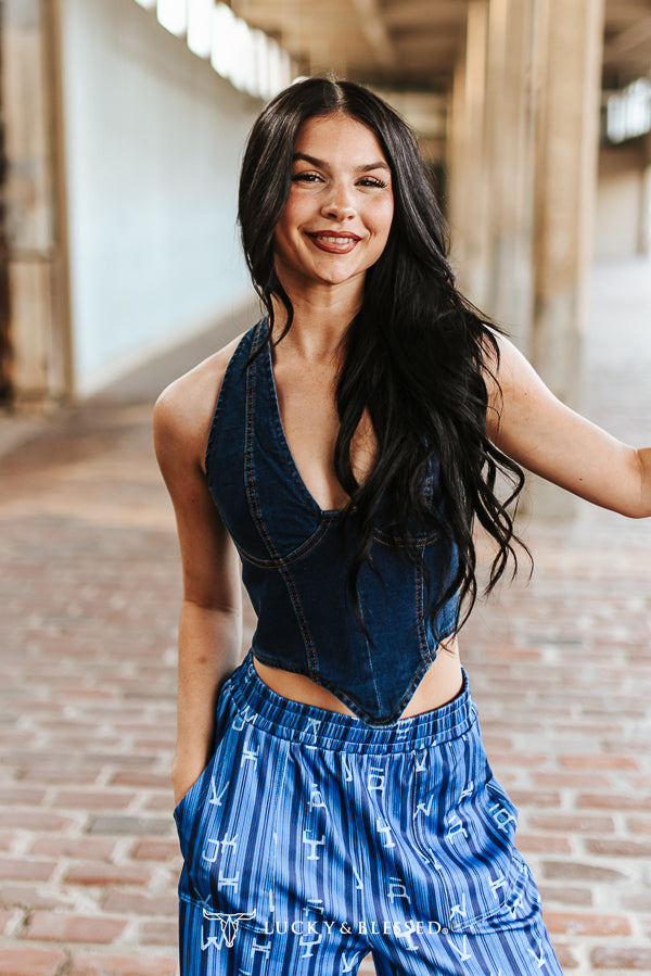 Lucky & blessed Dark Wash Halter Stretch Denim Corset Top