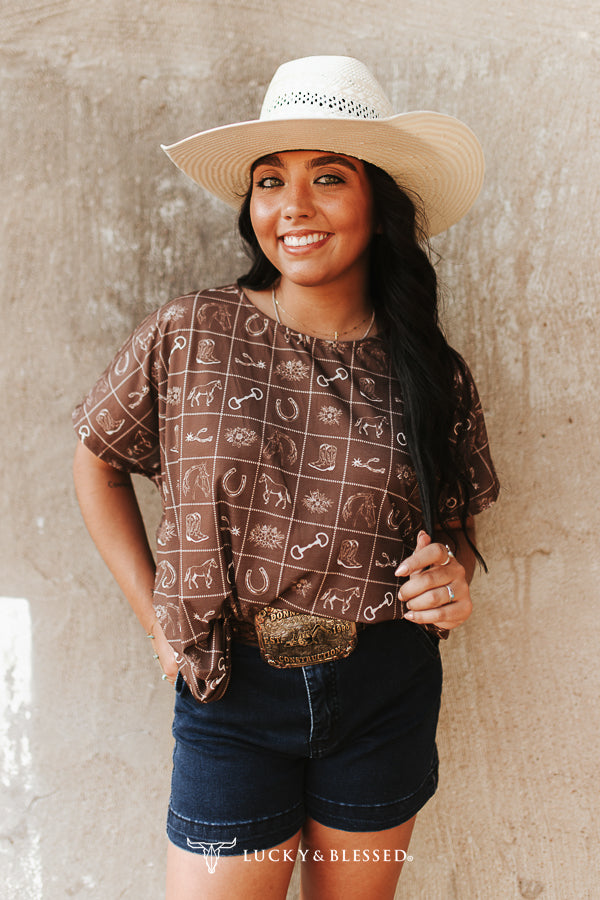 Lucky & blessed Brown Western Printed Short Sleeve Batwing Top