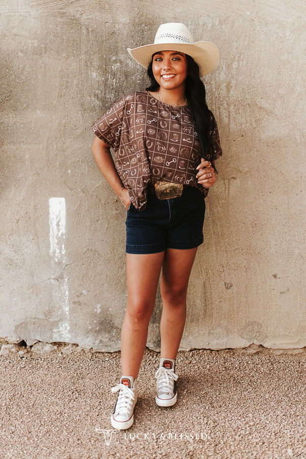 Lucky & blessed Brown Western Printed Short Sleeve Batwing Top