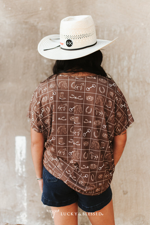 Lucky & blessed Brown Western Printed Short Sleeve Batwing Top
