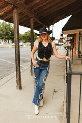 Lucky & blessed Black Stretch Suede Buffalo Button Down Vintage Studded Vest