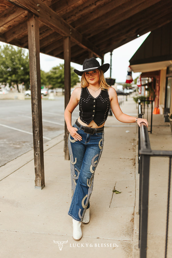 Lucky & blessed Black Stretch Suede Buffalo Button Down Vintage Studded Vest