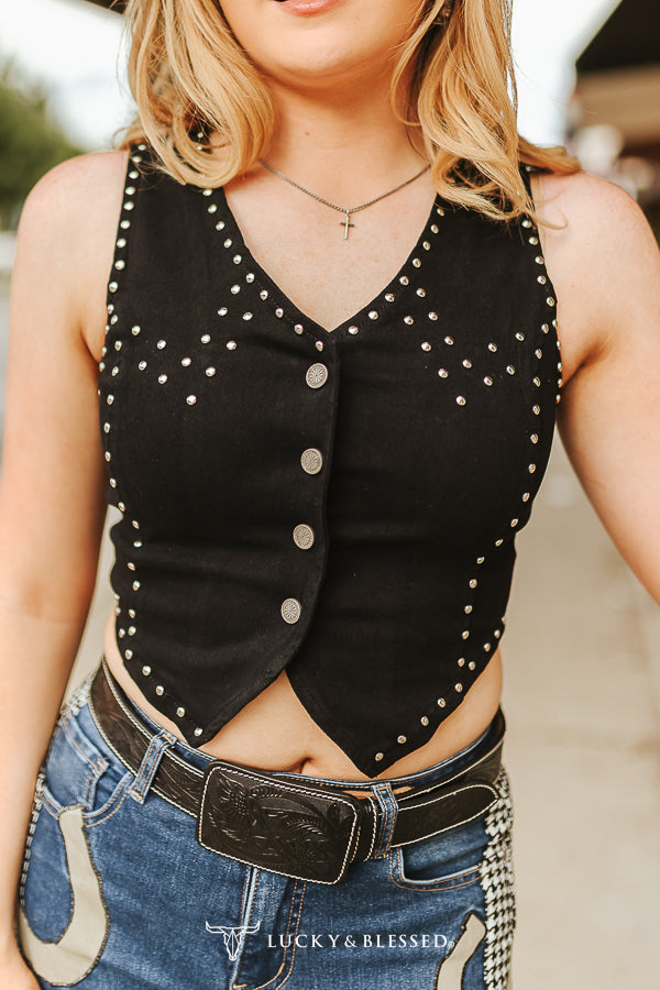 Lucky & blessed Black Stretch Suede Buffalo Button Down Vintage Studded Vest