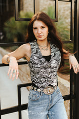 Lucky & blessed Jacquard Black White Horse Button Down Corset Top