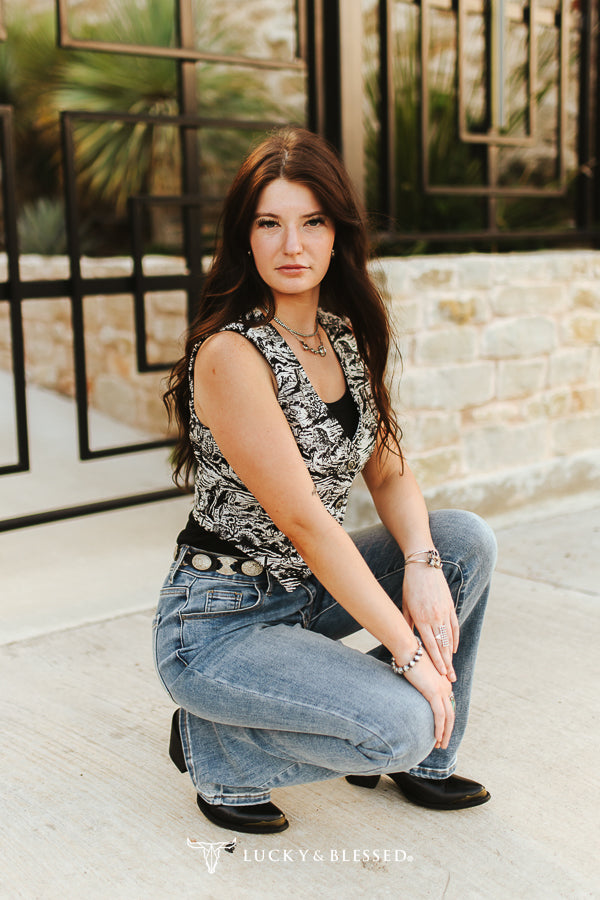 Lucky & blessed Jacquard Black White Horse Button Down Corset Top