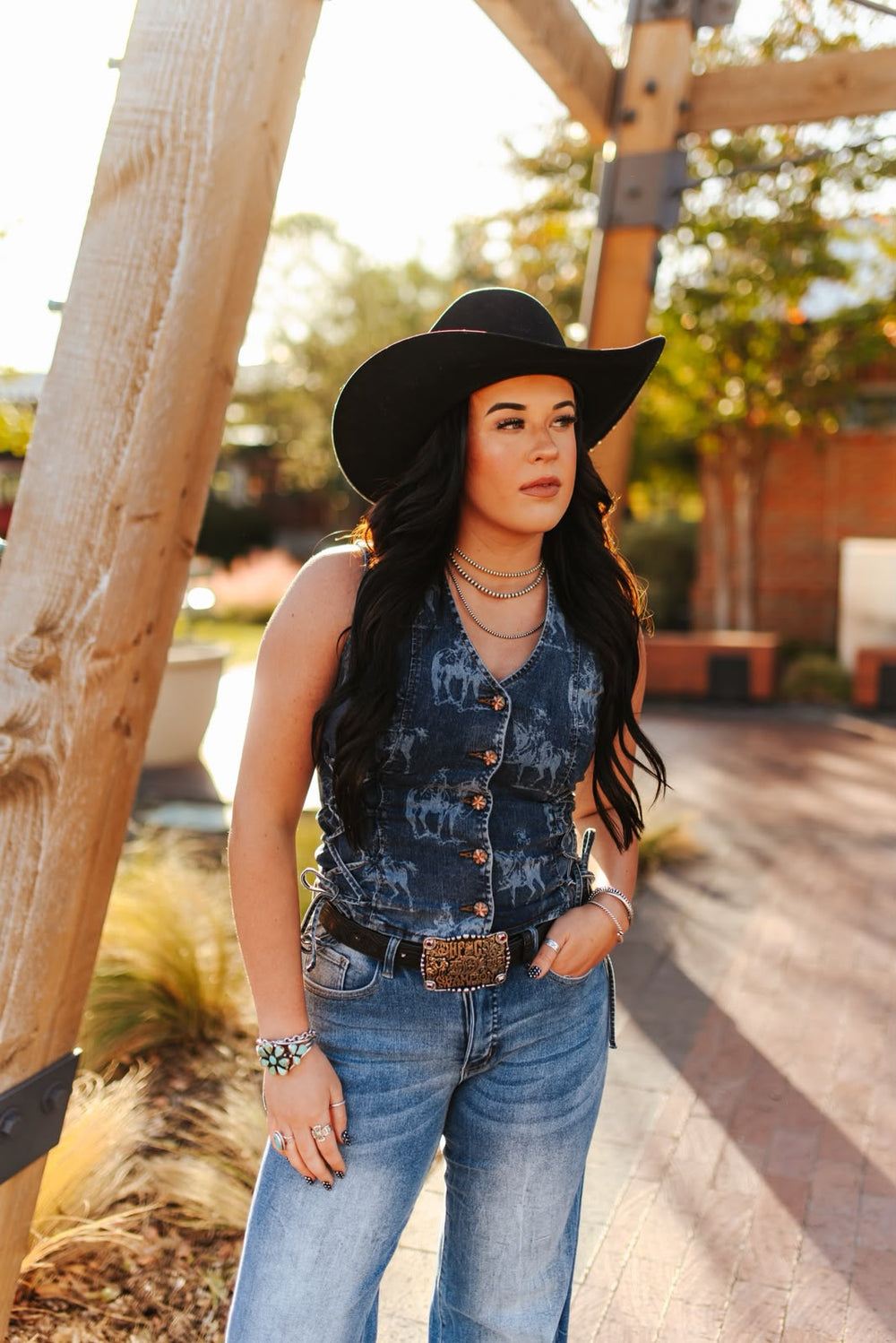 Lucky & blessed Dark Wash Laser Western Concho Button Down Vest