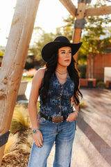 Lucky & blessed Dark Wash Laser Western Concho Button Down Vest