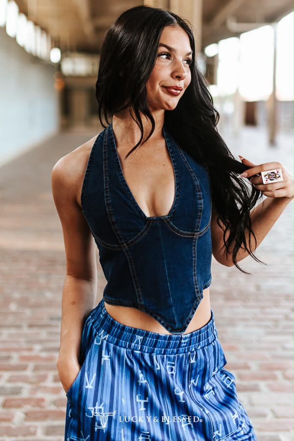 Lucky & blessed Dark Wash Halter Stretch Denim Corset Top