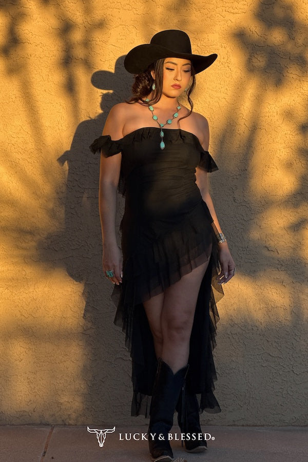 Lucky & blessed Black Off Shoulder Ruffle Asymmetrical Back Te Dress W Mesh Lined
