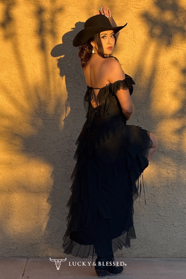 Lucky & blessed Black Off Shoulder Ruffle Asymmetrical Back Te Dress W Mesh Lined