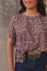 Lucky & blessed Brown Western Printed Short Sleeve Batwing Top