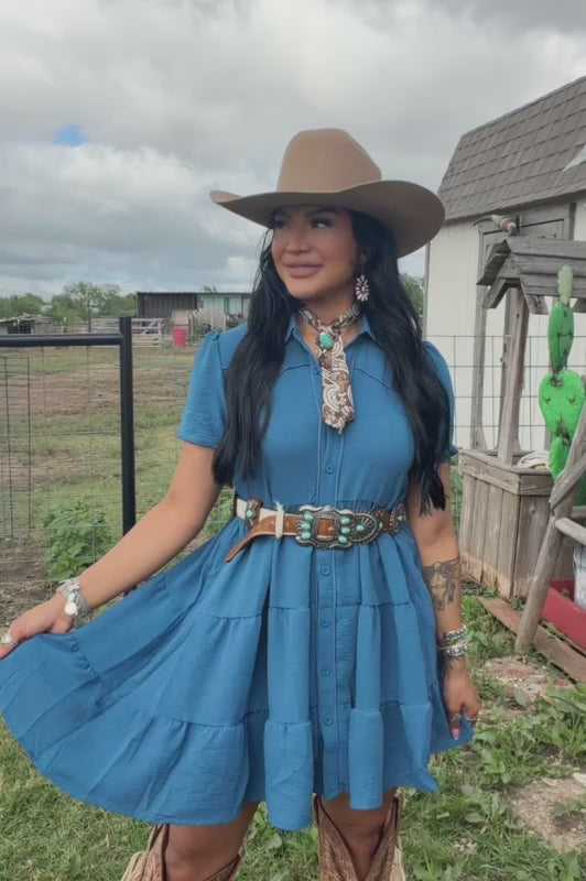 Lucky & blessed Denim Blue Puff Sleeve Western Ruffle Tier Contrast Piping Yoke Dress