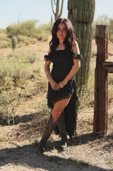 Lucky & blessed Black Off Shoulder Ruffle Asymmetrical Back Te Dress W Mesh Lined