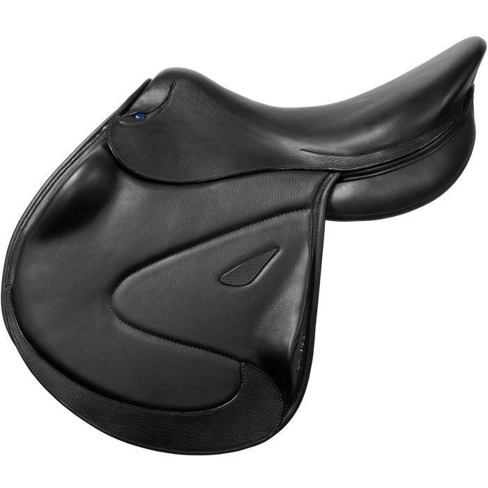 A black Stübben Phantom jumping saddle with a monoflap design, flat-girthing tree, and wool pad.