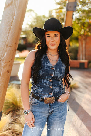 Lucky & blessed Dark Wash Laser Western Concho Button Down Vest