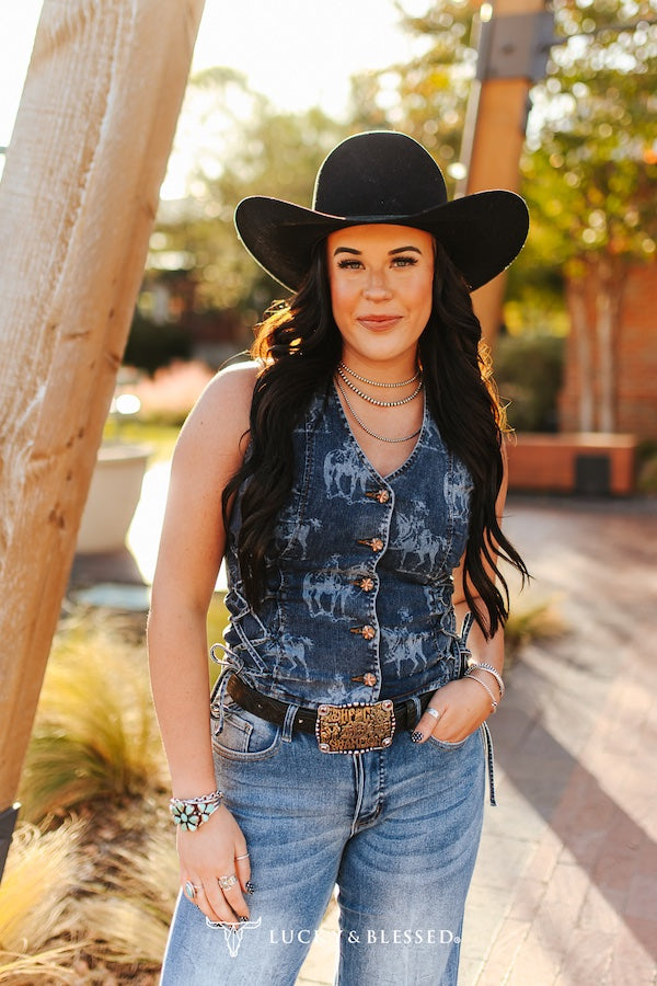 Lucky & blessed Dark Wash Laser Western Concho Button Down Vest