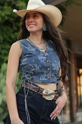 Lucky & blessed Dark Wash Laser Western Concho Button Down Vest